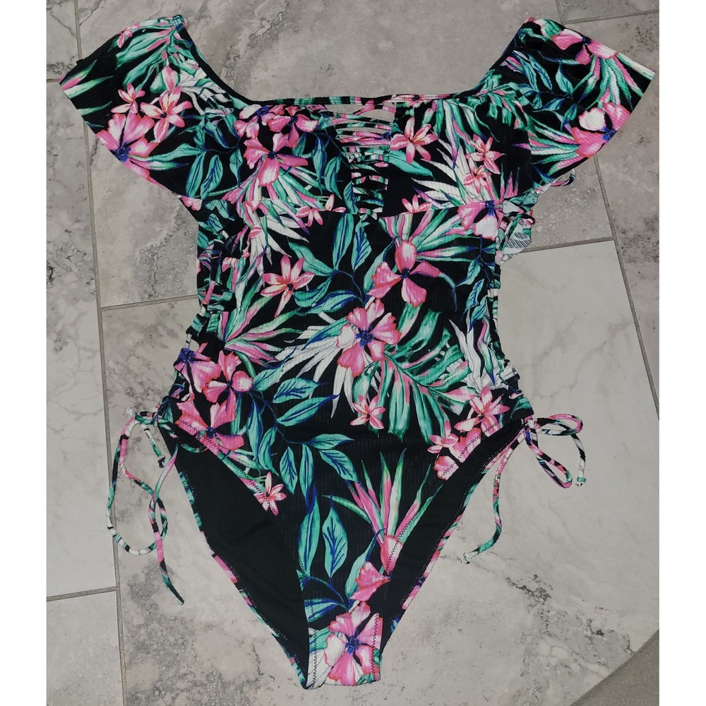 TiniBikini Tropical Floral One Piece Swimsuit Off Shoulder Ruffle Lattice Large